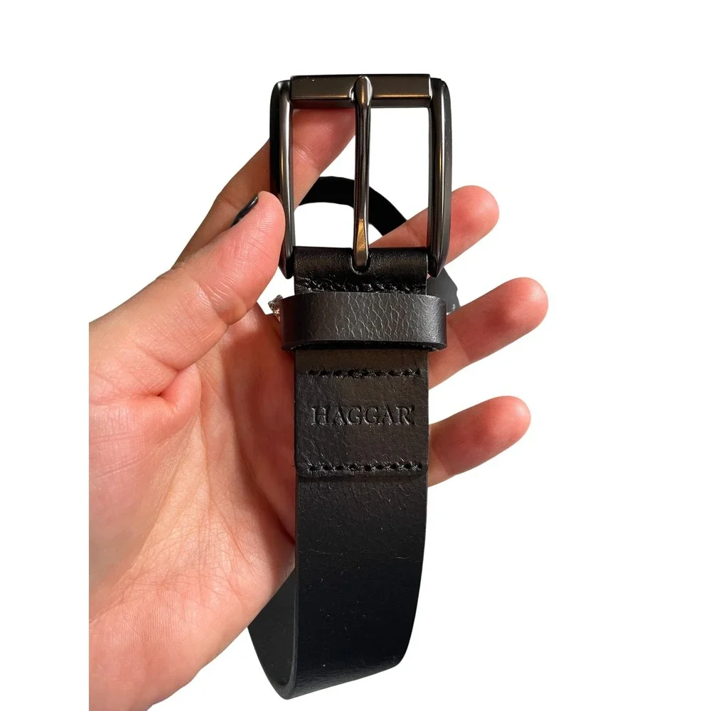 Black Leather Belt Large Gunmetal Buckle Size L by Haggar